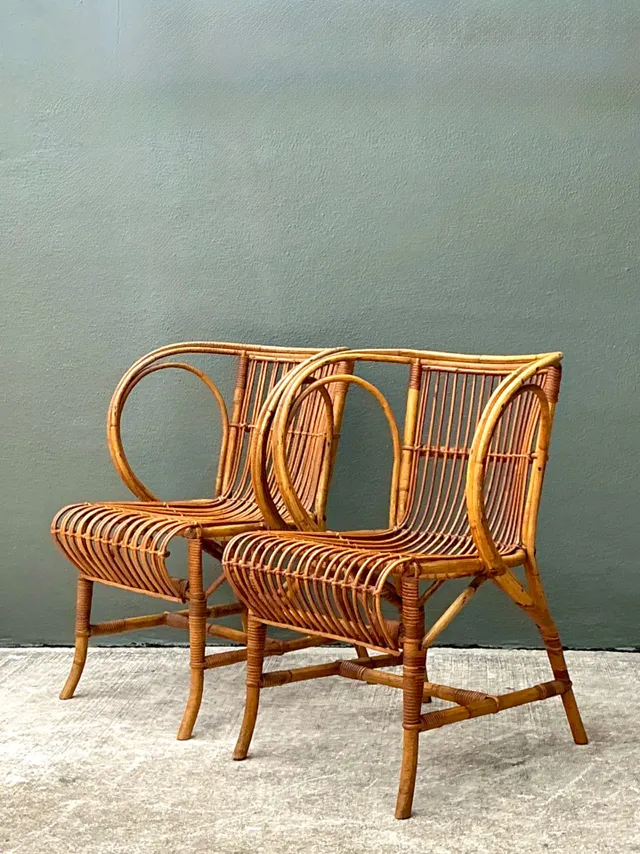 Vintage 1940s Danish Tove Kindt Larsen For Robert Wengler Stick Rattan Lounge Chairs - A Pair — additional photo 2