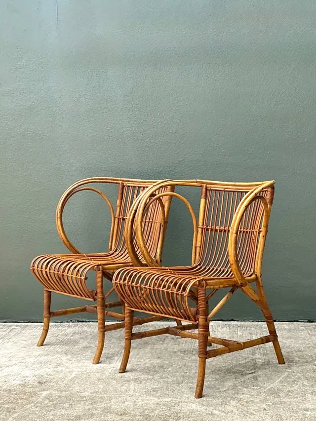 Vintage 1940s Danish Tove Kindt Larsen For Robert Wengler Stick Rattan Lounge Chairs - A Pair — additional photo 4