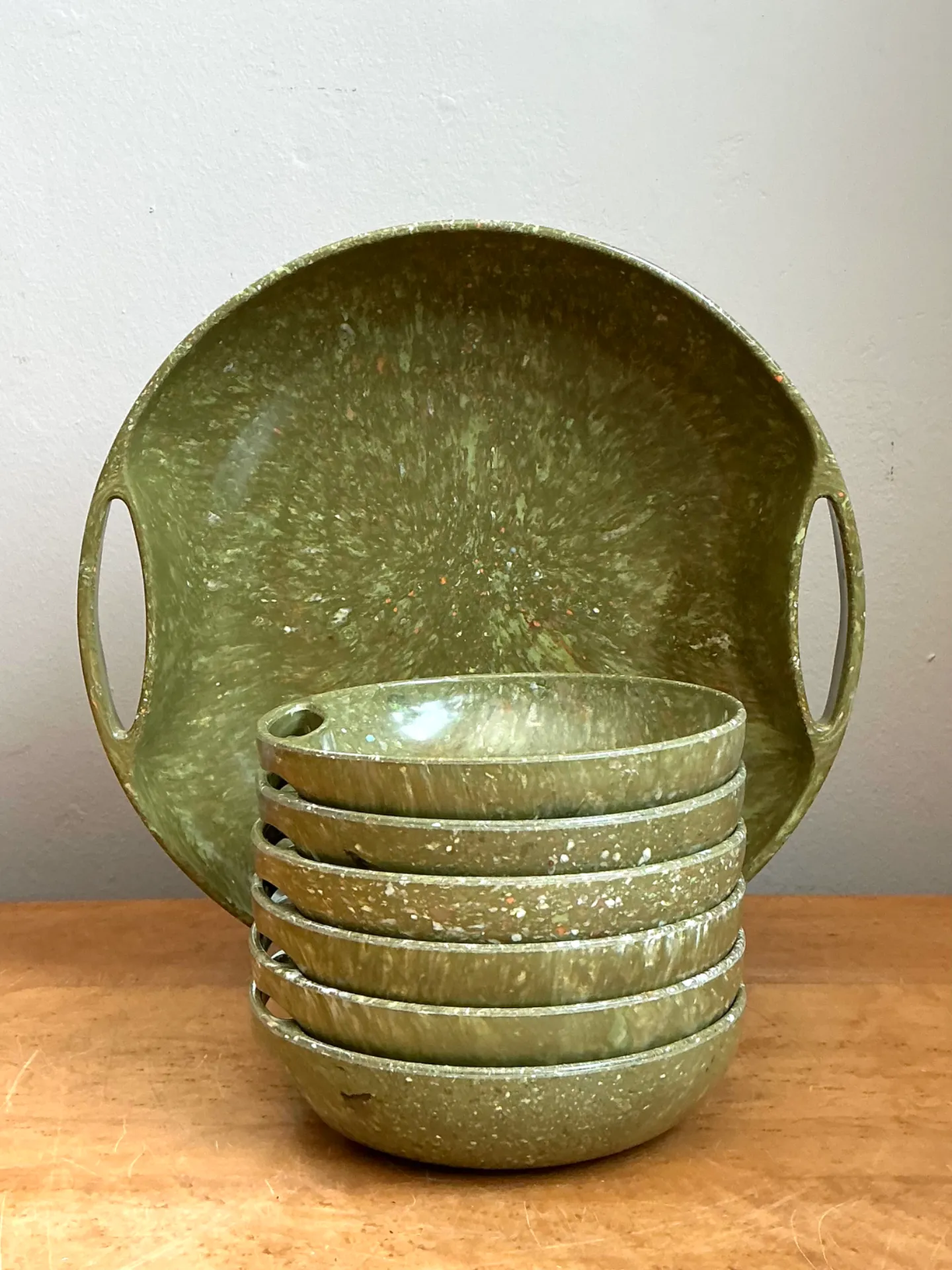 Vintage 60s Melmac Confetti Green Speckled Melamine Tray and Bowls — additional photo 2