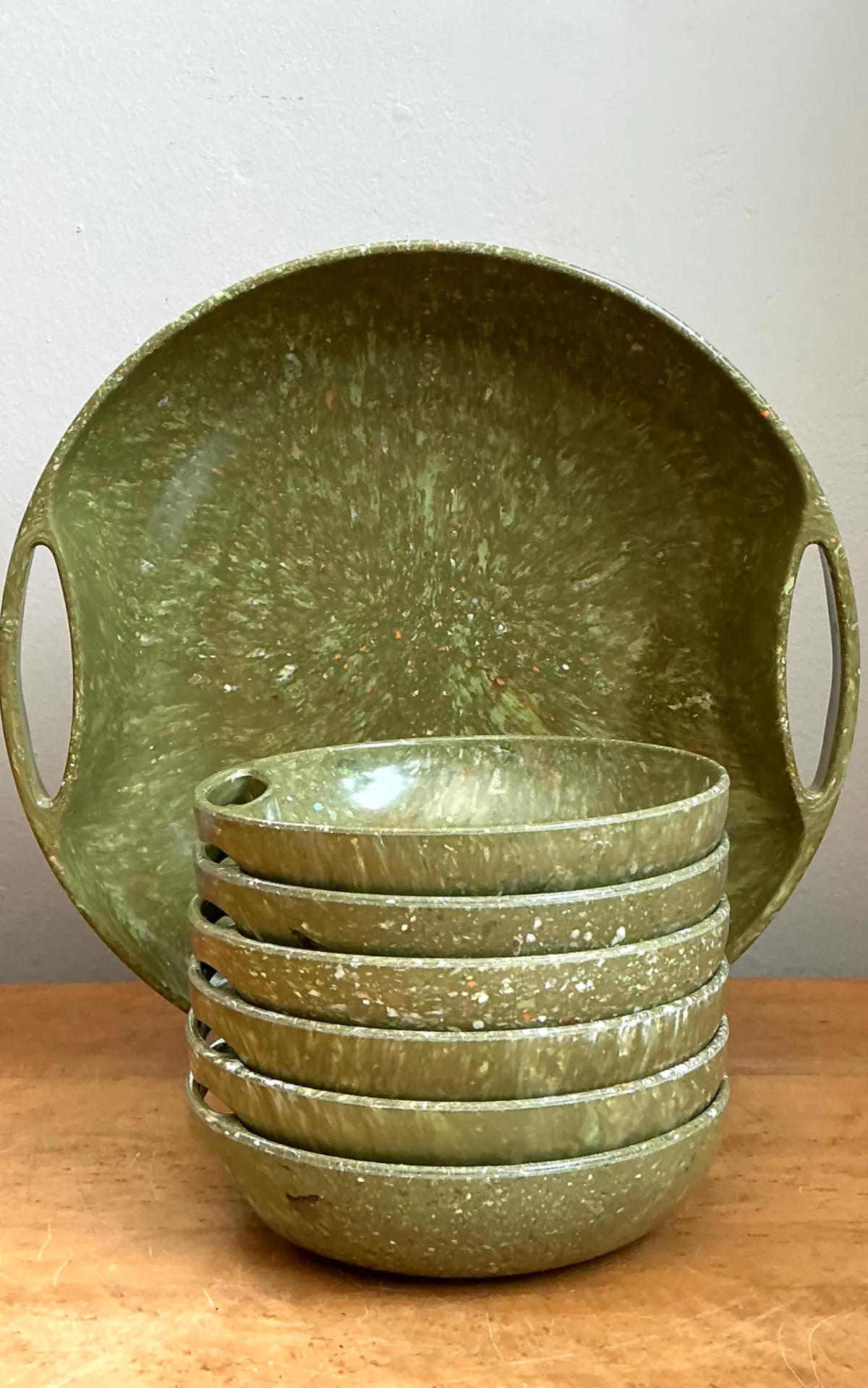 Vintage 60s Melmac Confetti Green Speckled Melamine Tray and Bowls — additional photo 2
