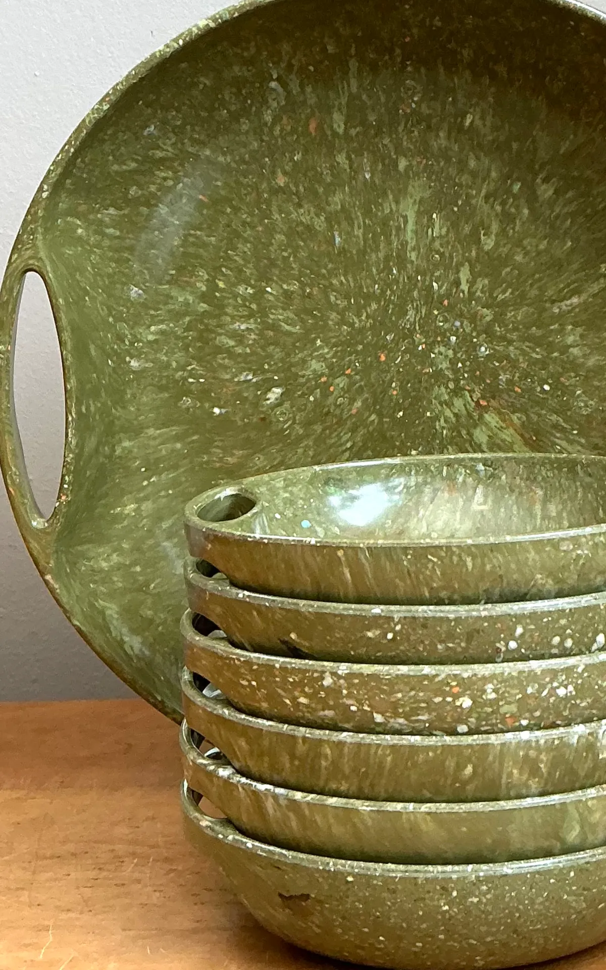 Vintage 60s Melmac Confetti Green Speckled Melamine Tray and Bowls — additional photo 4