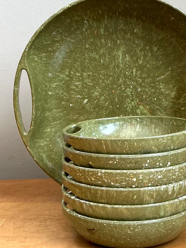 Vintage 60s Melmac Confetti Green Speckled Melamine Tray and Bowls — additional photo 4