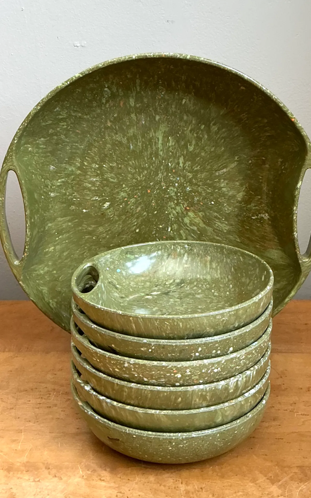Vintage 60s Melmac Confetti Green Speckled Melamine Tray and Bowls — additional photo 7