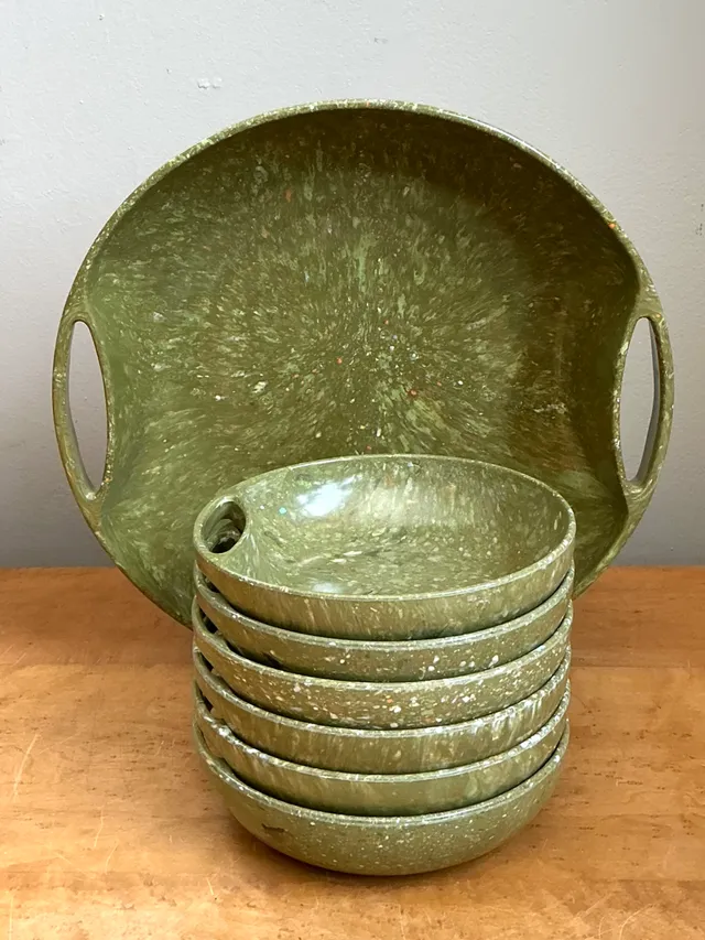 Vintage 60s Melmac Confetti Green Speckled Melamine Tray and Bowls — additional photo 7