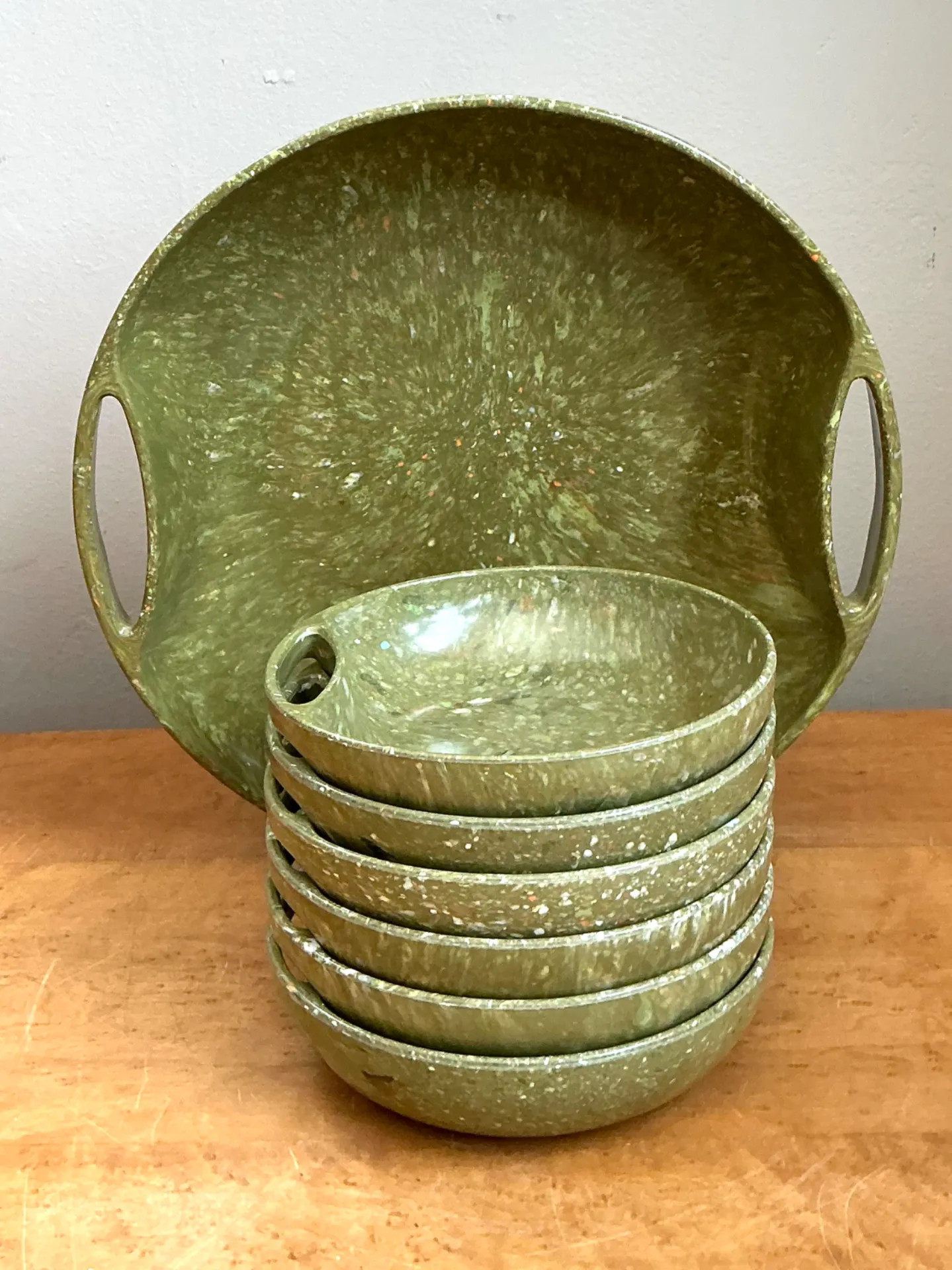 Vintage 60s Melmac Confetti Green Speckled Melamine Tray and Bowls — additional photo 8