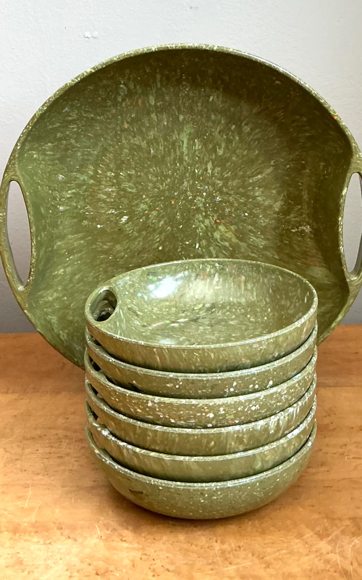 Vintage 60s Melmac Confetti Green Speckled Melamine Tray and Bowls — additional photo 8