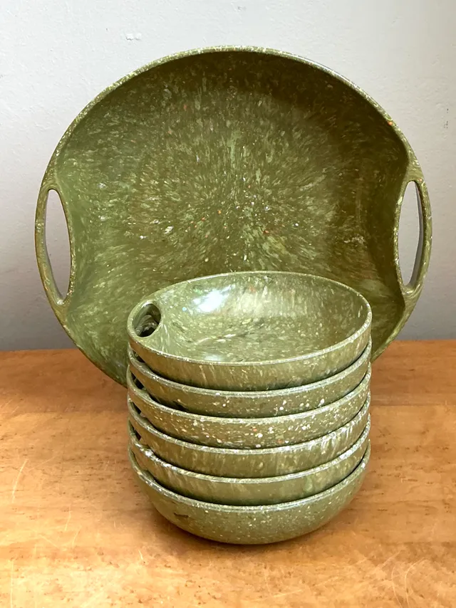 Vintage 60s Melmac Confetti Green Speckled Melamine Tray and Bowls — additional photo 8