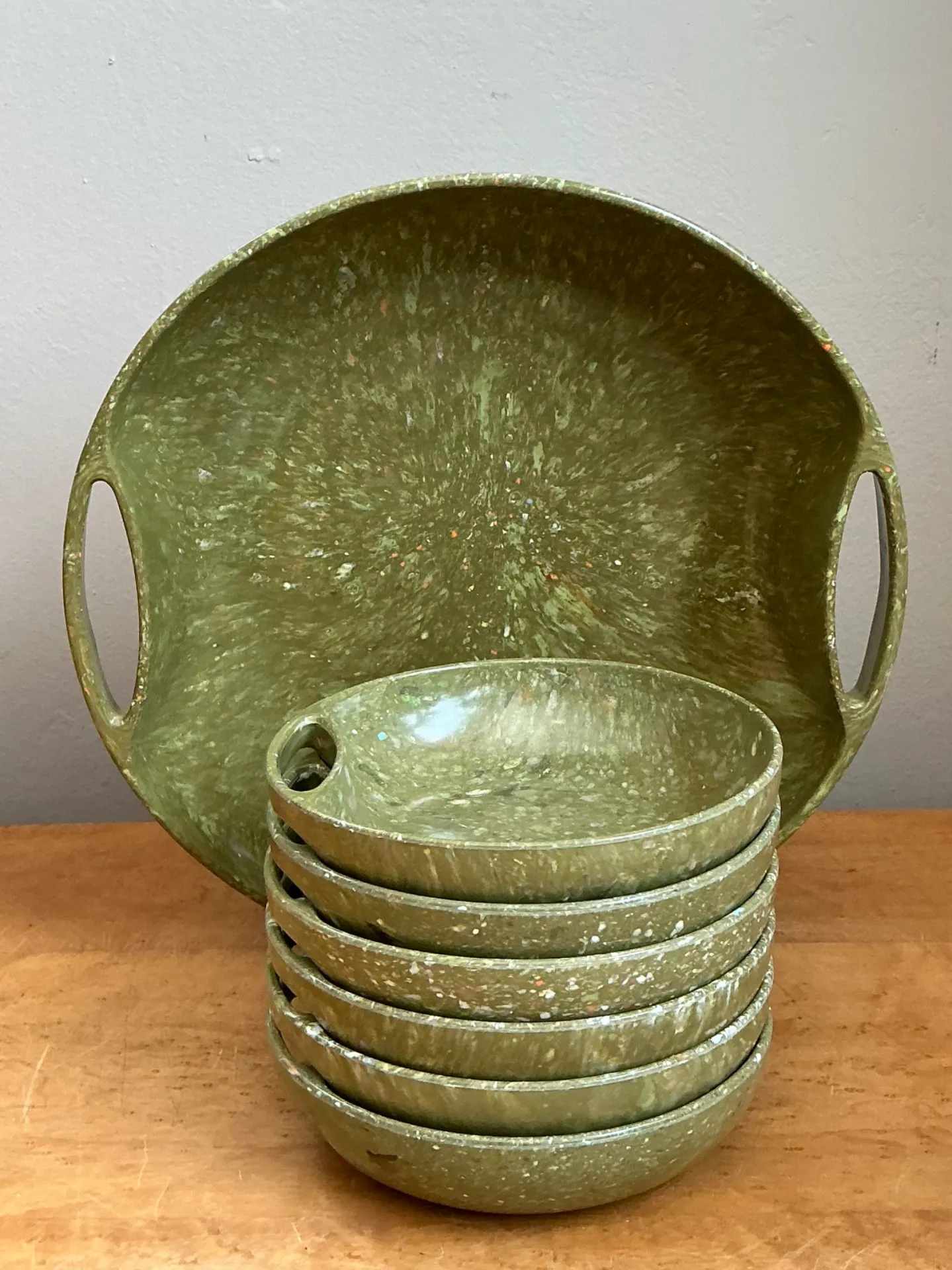 Vintage 60s Melmac Confetti Green Speckled Melamine Tray and Bowls — additional photo 1