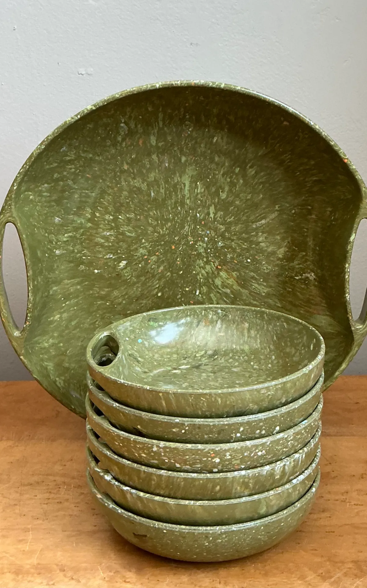 Vintage 60s Melmac Confetti Green Speckled Melamine Tray and Bowls