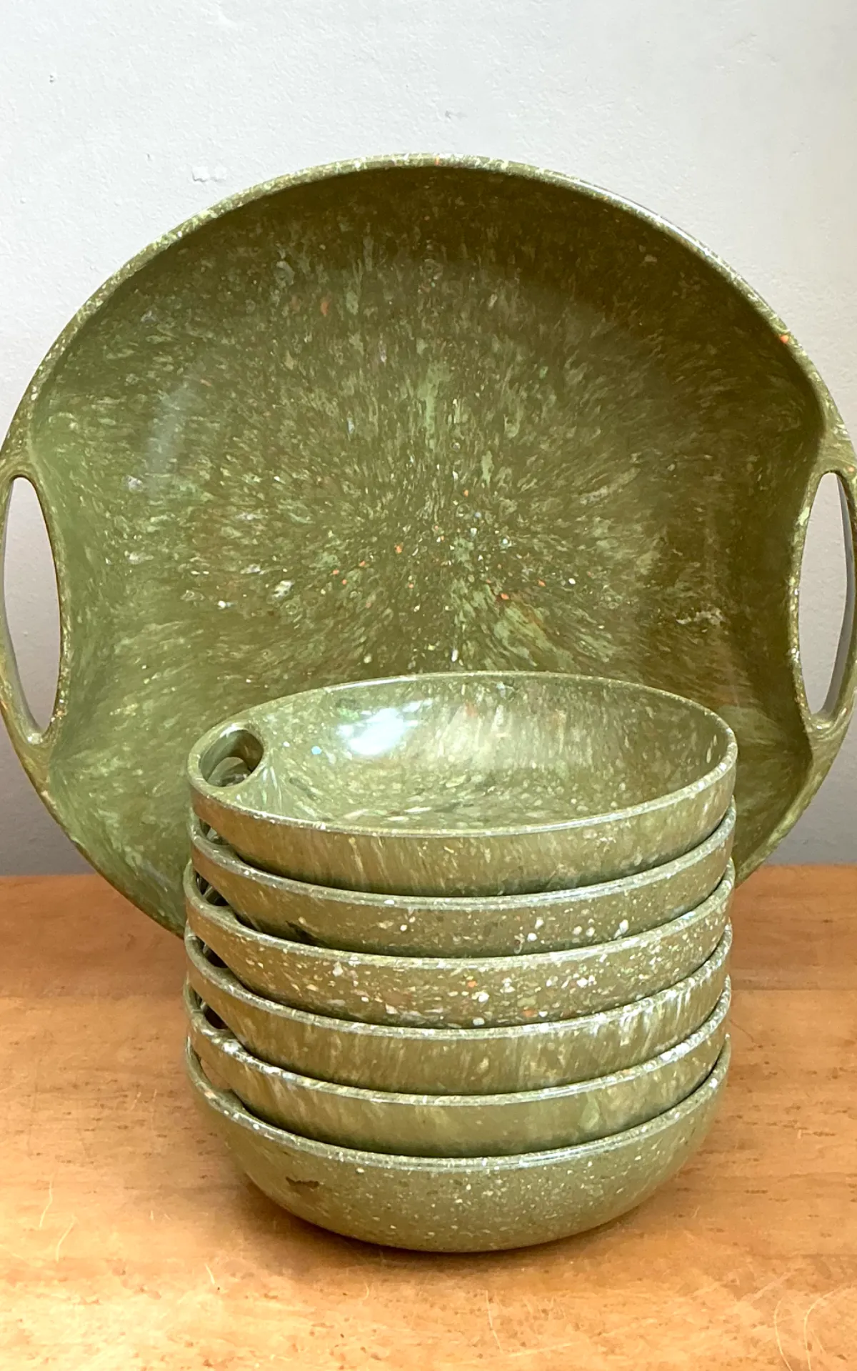 Vintage 60s Melmac Confetti Green Speckled Melamine Tray and Bowls — additional photo 3