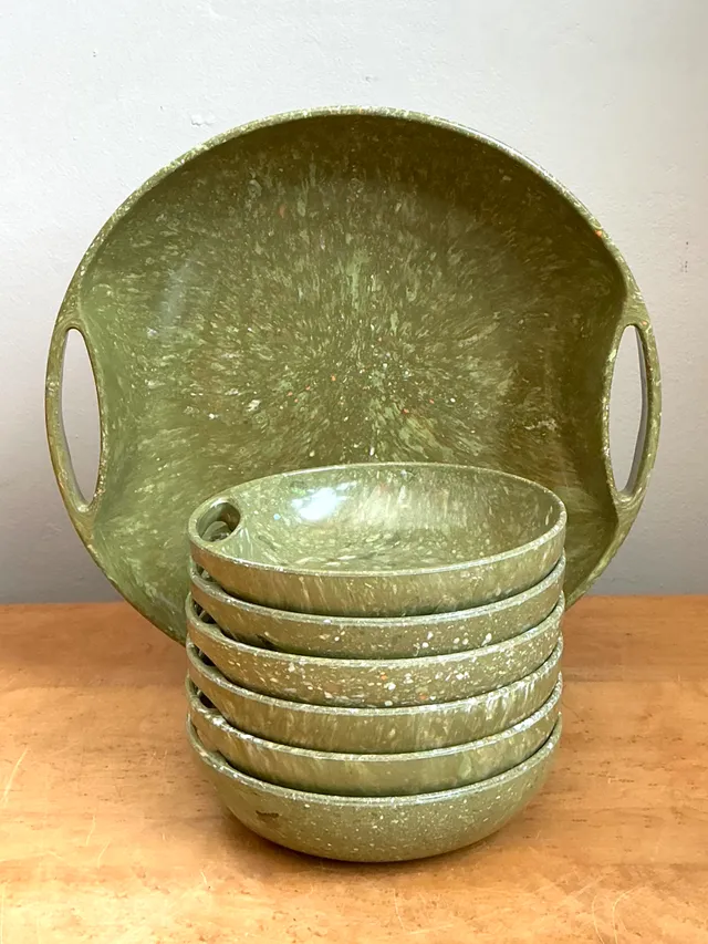 Vintage 60s Melmac Confetti Green Speckled Melamine Tray and Bowls — additional photo 3