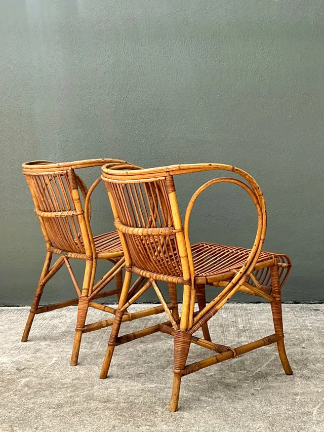 Vintage 1940s Danish Tove Kindt Larsen For Robert Wengler Stick Rattan Lounge Chairs - A Pair — additional photo 5