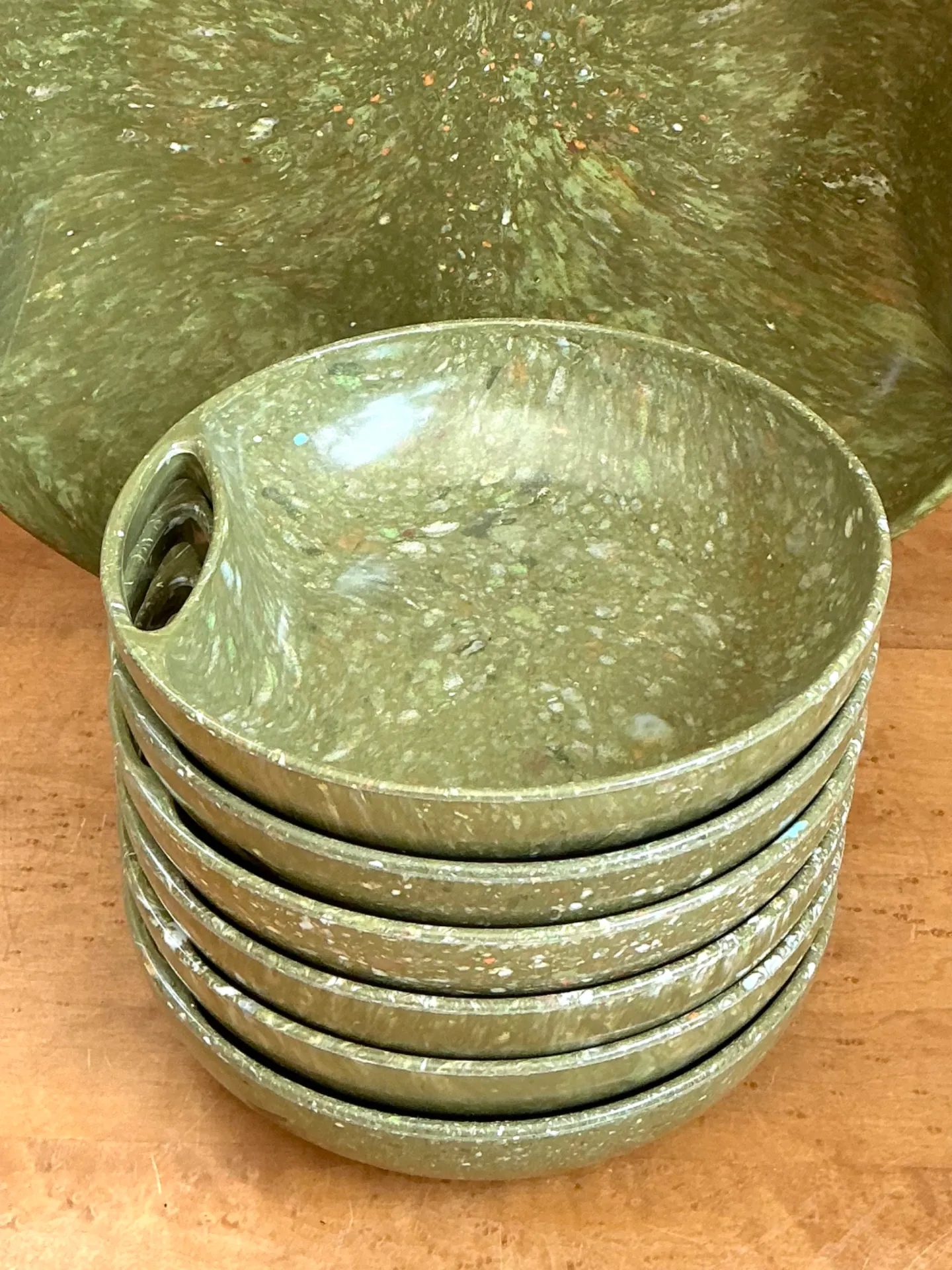 Vintage 60s Melmac Confetti Green Speckled Melamine Tray and Bowls — additional photo 5