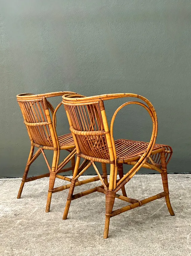 Vintage 1940s Danish Tove Kindt Larsen For Robert Wengler Stick Rattan Lounge Chairs - A Pair — additional photo 1