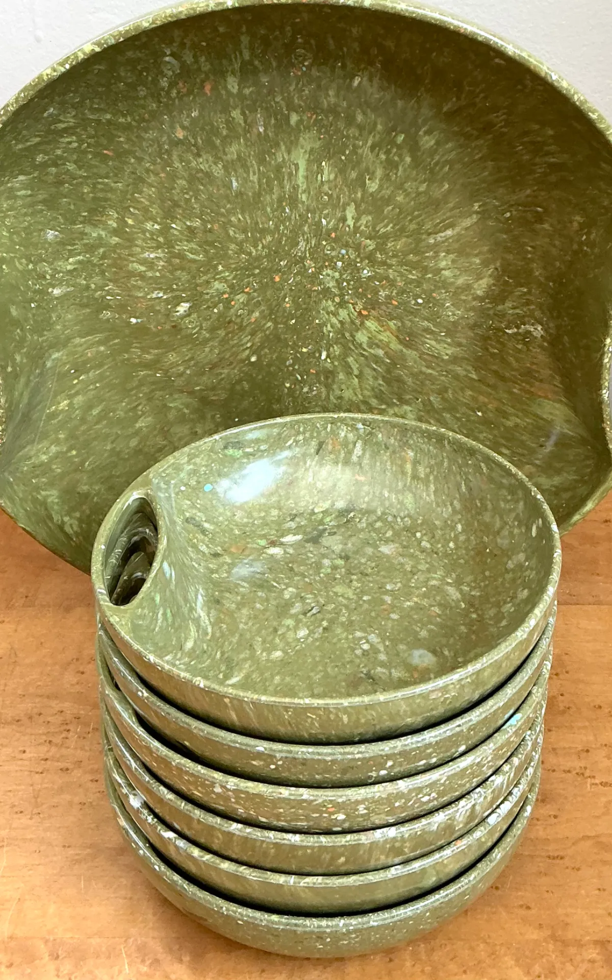Vintage 60s Melmac Confetti Green Speckled Melamine Tray and Bowls — additional photo 6