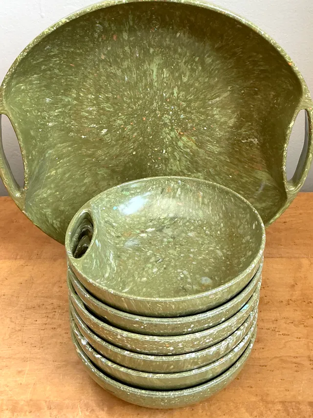 Vintage 60s Melmac Confetti Green Speckled Melamine Tray and Bowls — additional photo 6