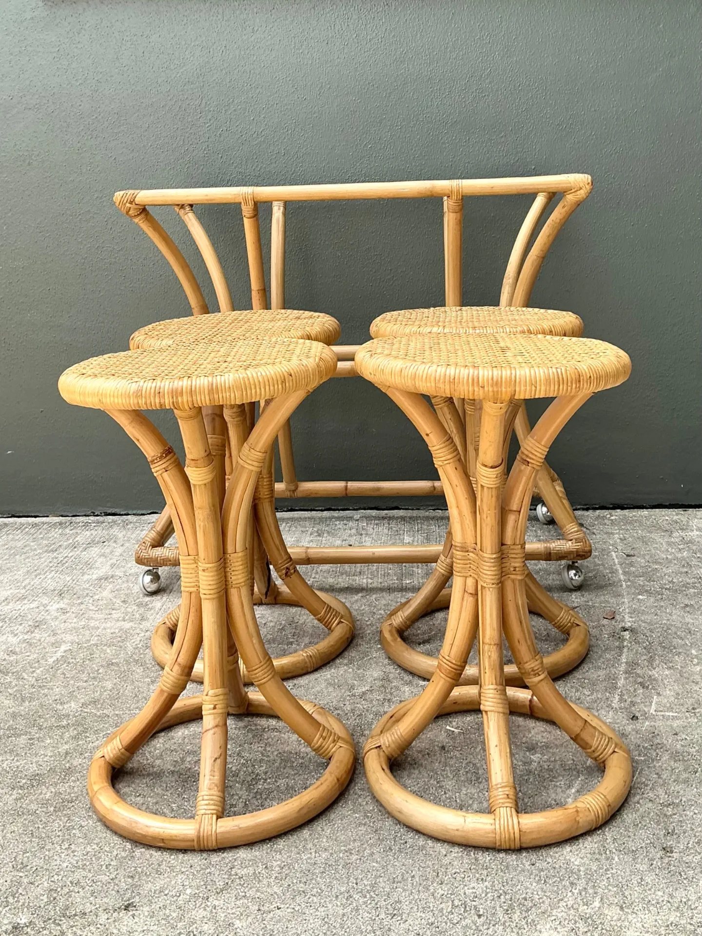 Vintage Rattan High Top Table With Coordinating Stools - Set Of 5 — additional photo 2