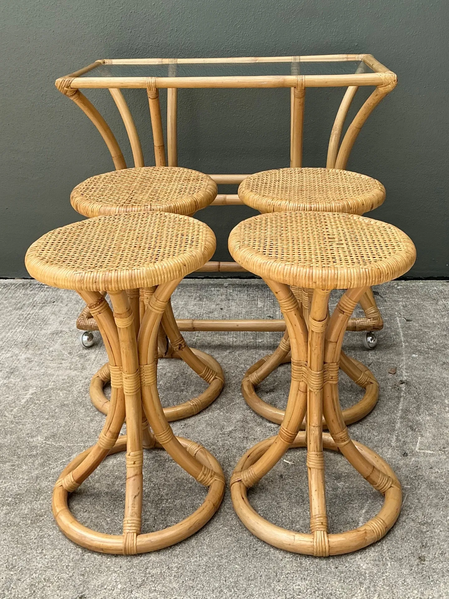 Vintage Rattan High Top Table With Coordinating Stools - Set Of 5 — additional photo 7