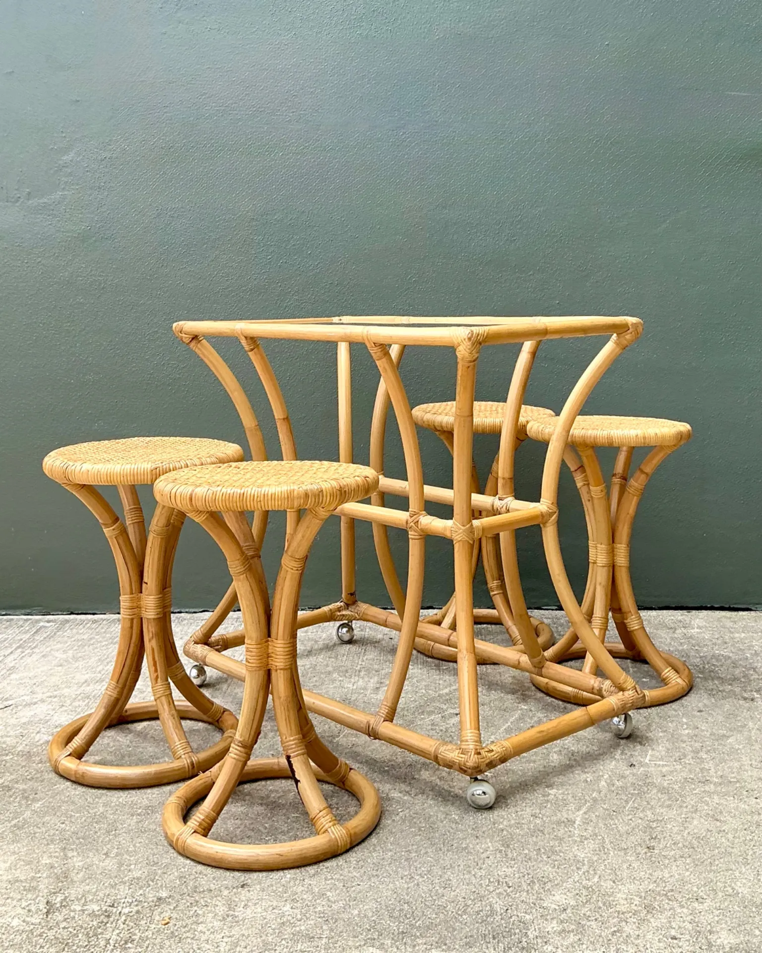 Vintage Rattan High Top Table With Coordinating Stools - Set Of 5 — additional photo 3