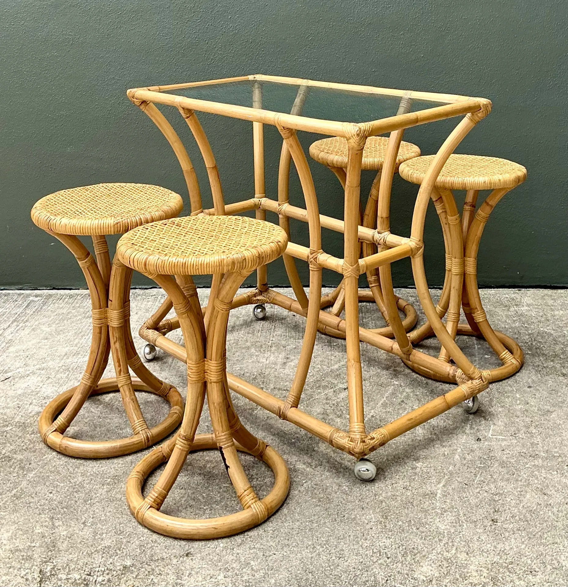 Vintage Rattan High Top Table With Coordinating Stools - Set Of 5 — additional photo 1