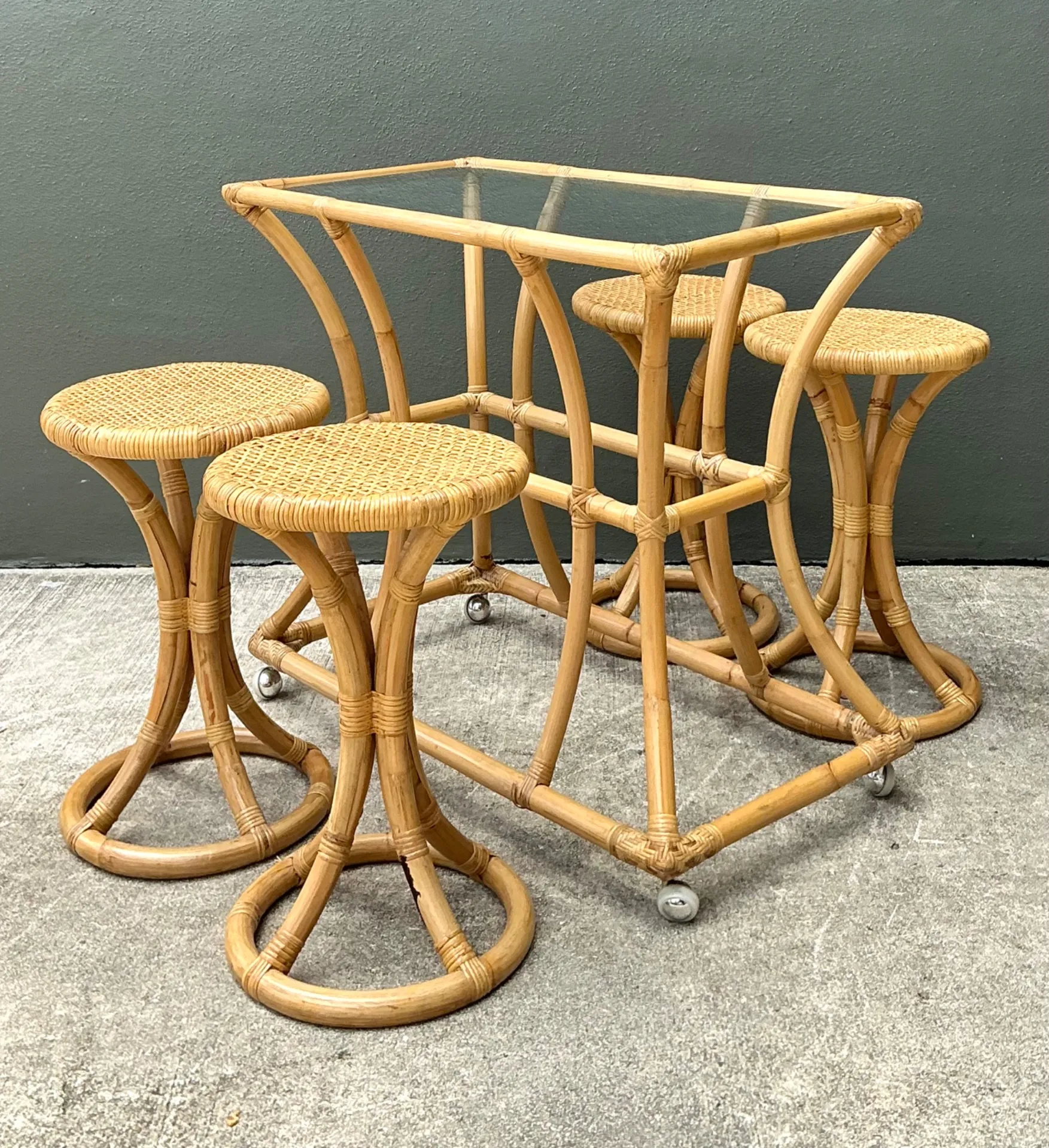 Vintage Rattan High Top Table With Coordinating Stools - Set Of 5 — additional photo 8