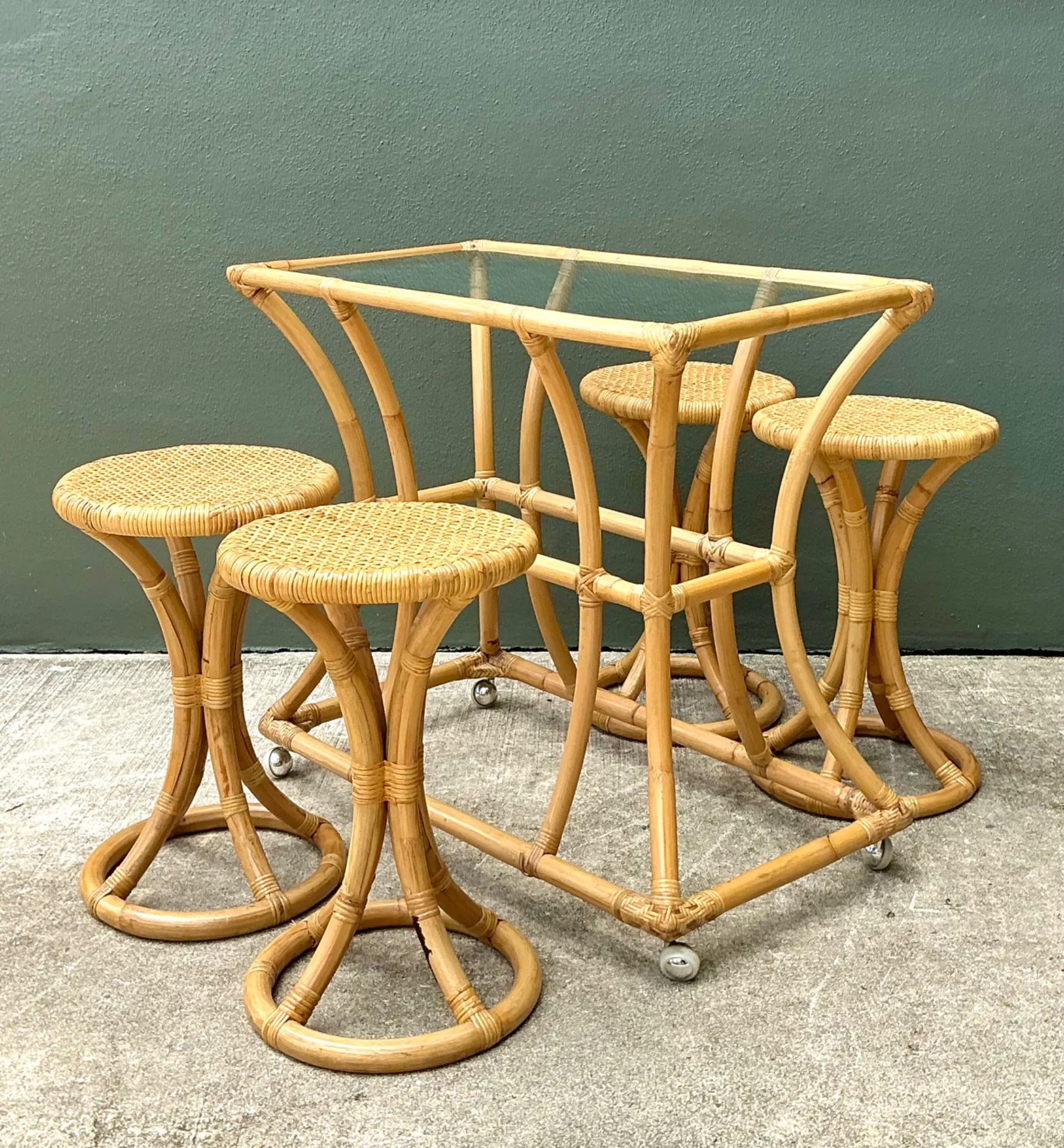 Vintage Rattan High Top Table With Coordinating Stools - Set Of 5 — additional photo 6