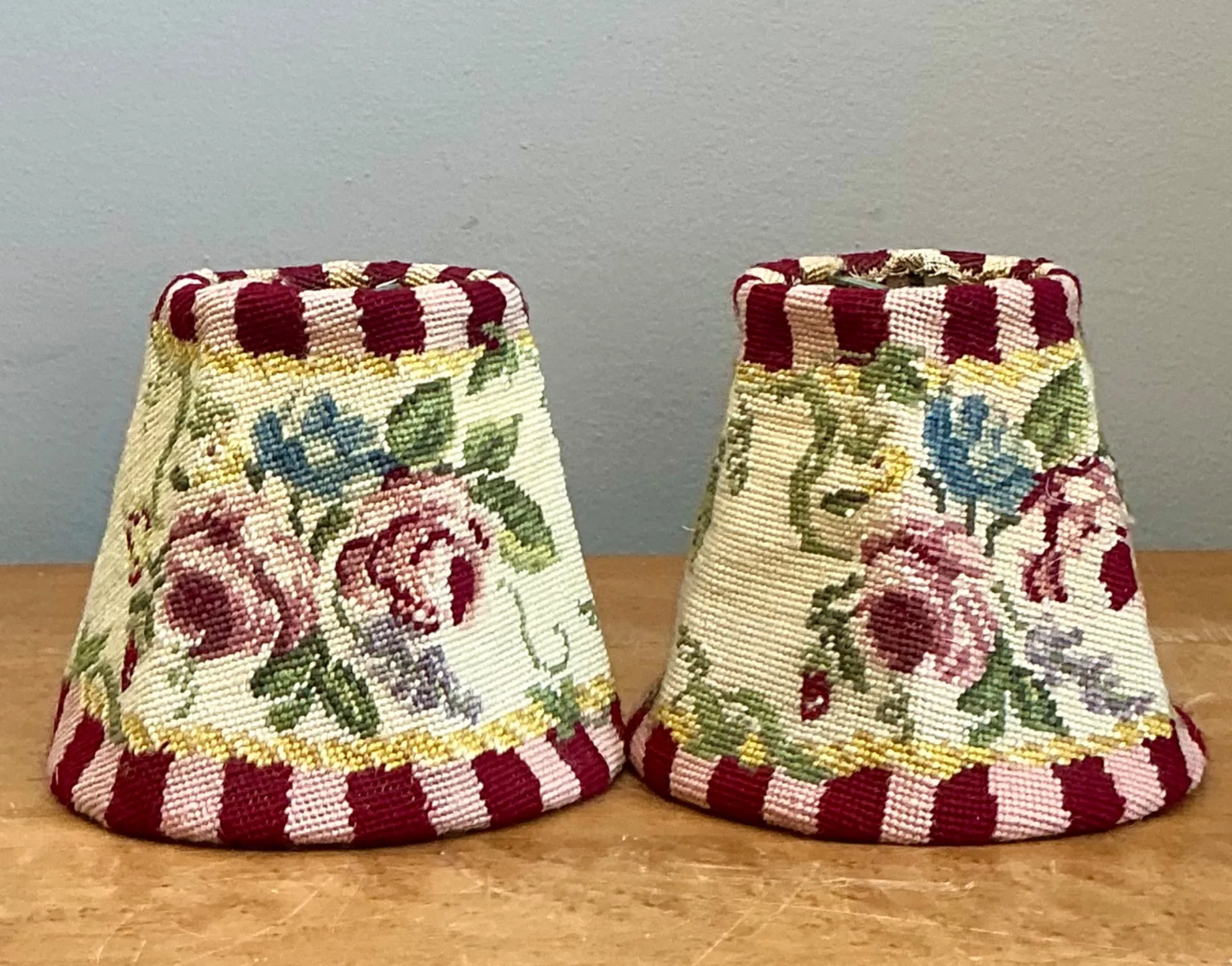 Vintage Needlepoint Floral Lamp Shades Pair — additional photo 1