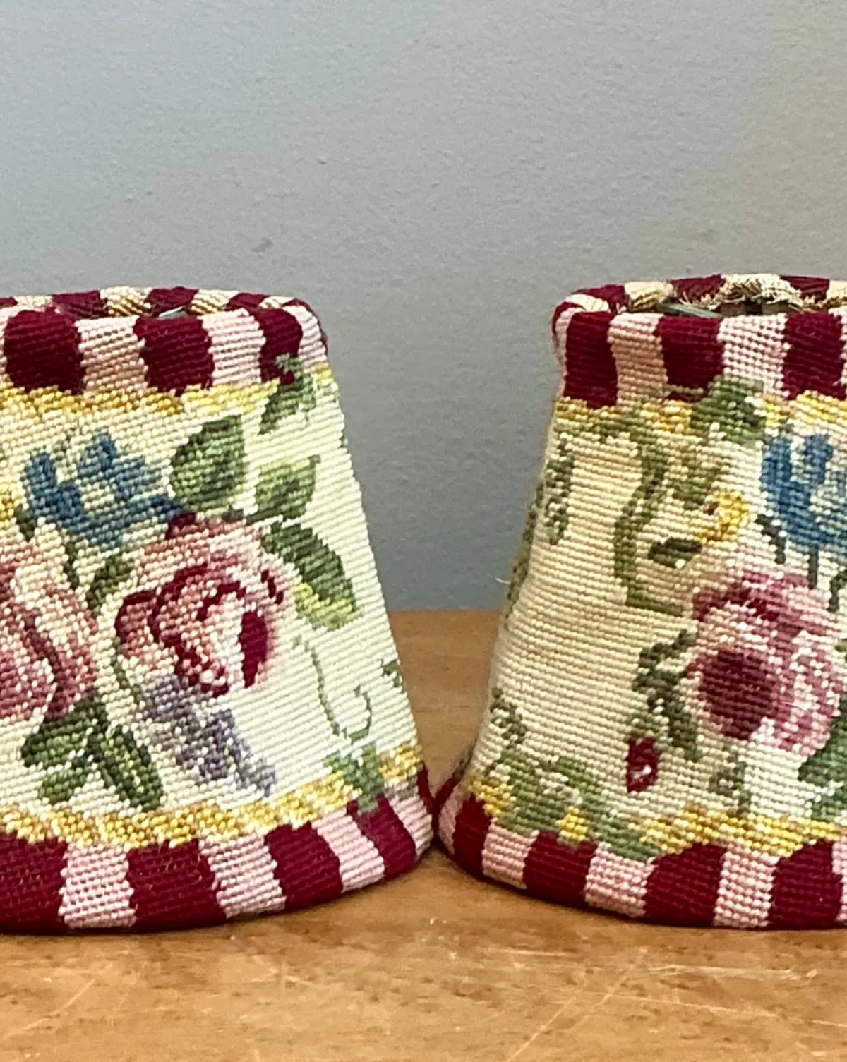 Vintage Needlepoint Floral Lamp Shades Pair