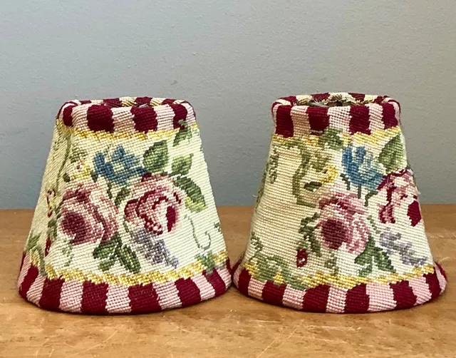 Vintage Needlepoint Floral Lamp Shades Pair — additional photo 1