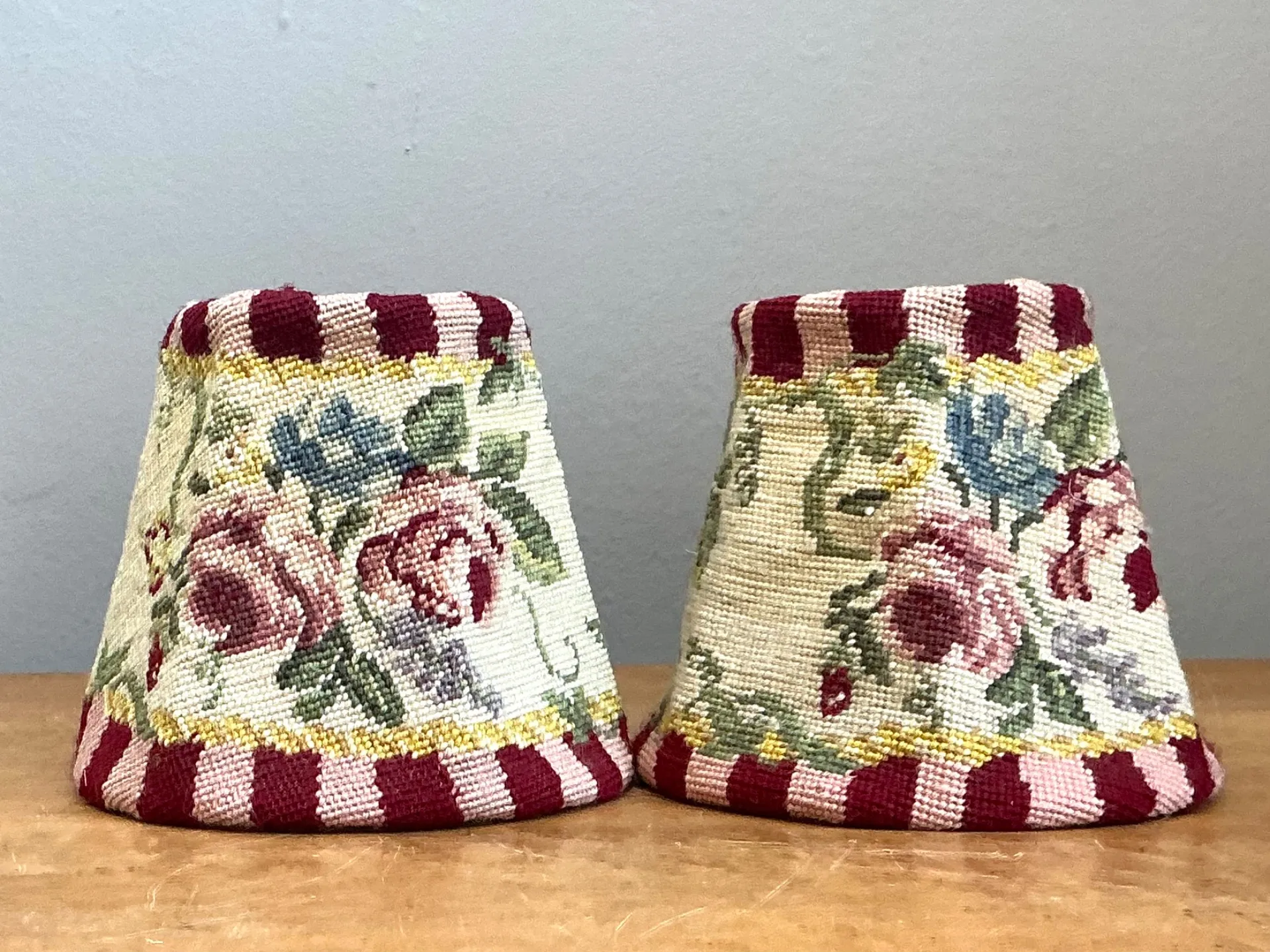 Vintage Needlepoint Floral Lamp Shades Pair — additional photo 5