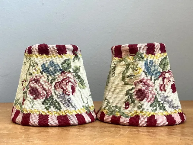 Vintage Needlepoint Floral Lamp Shades Pair — additional photo 5