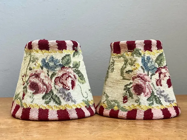 Vintage Needlepoint Floral Lamp Shades Pair — additional photo 7