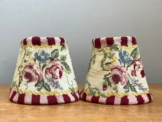 Vintage Needlepoint Floral Lamp Shades Pair — additional photo 6