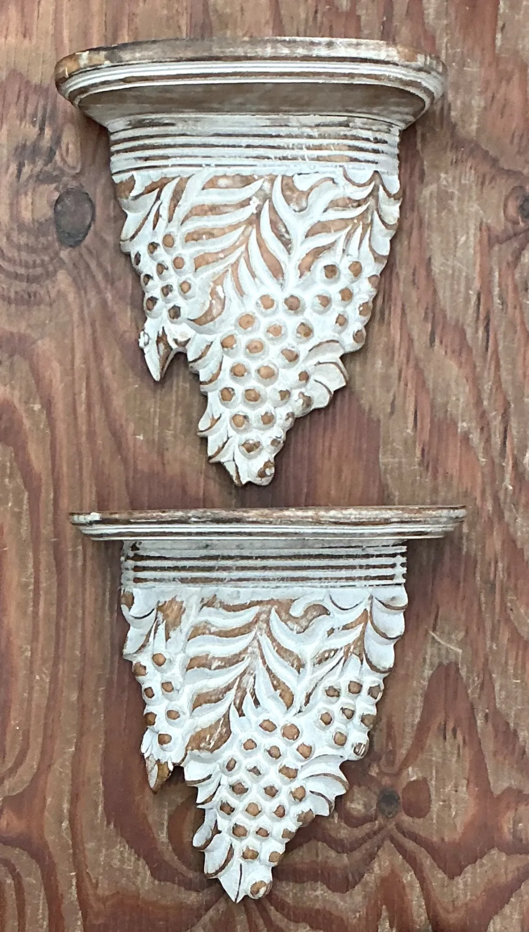 Vintage Carved Wood Grape Wall Brackets - Pair
