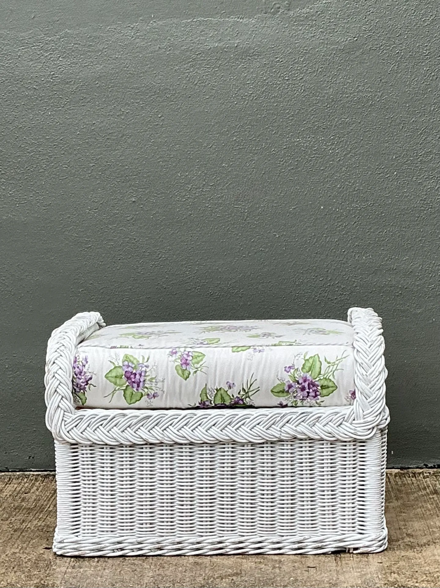 Vintage Braided White Rattan Ottoman — additional photo 5