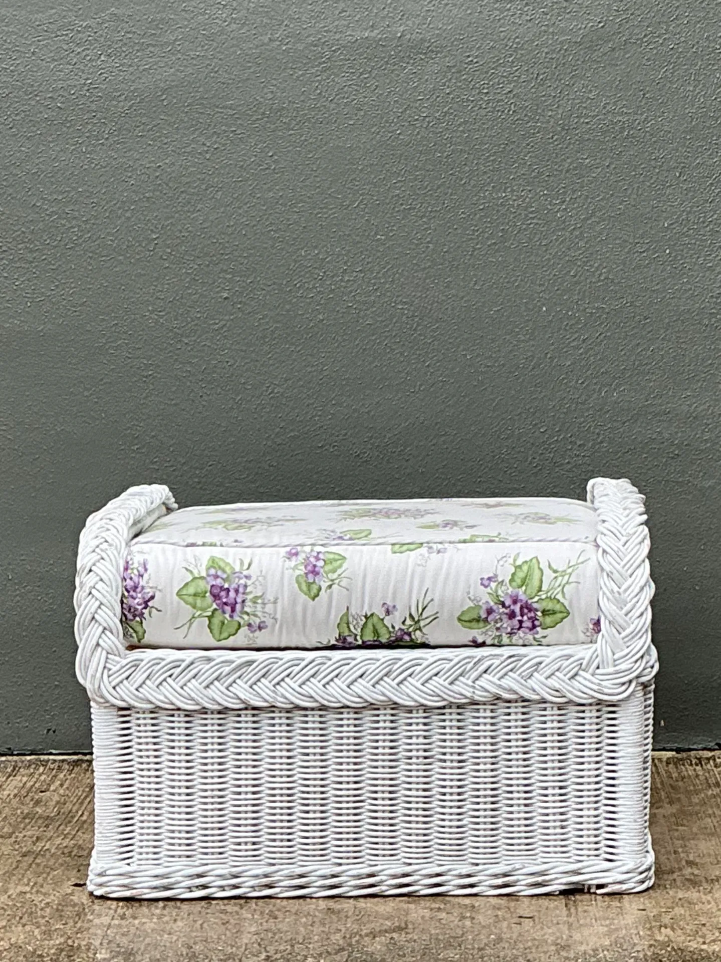 Vintage Braided White Rattan Ottoman — additional photo 1