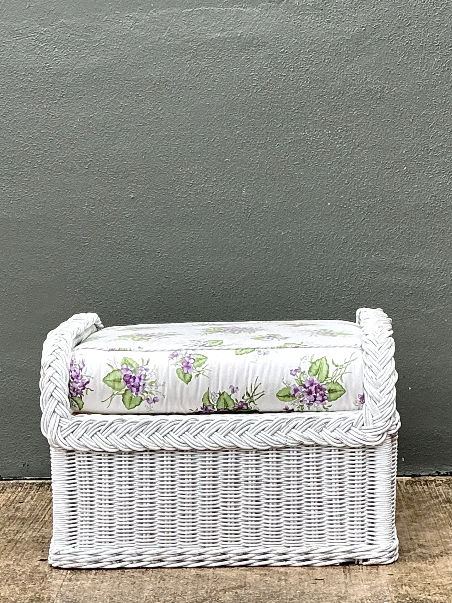 Vintage Braided White Rattan Ottoman — additional photo 3