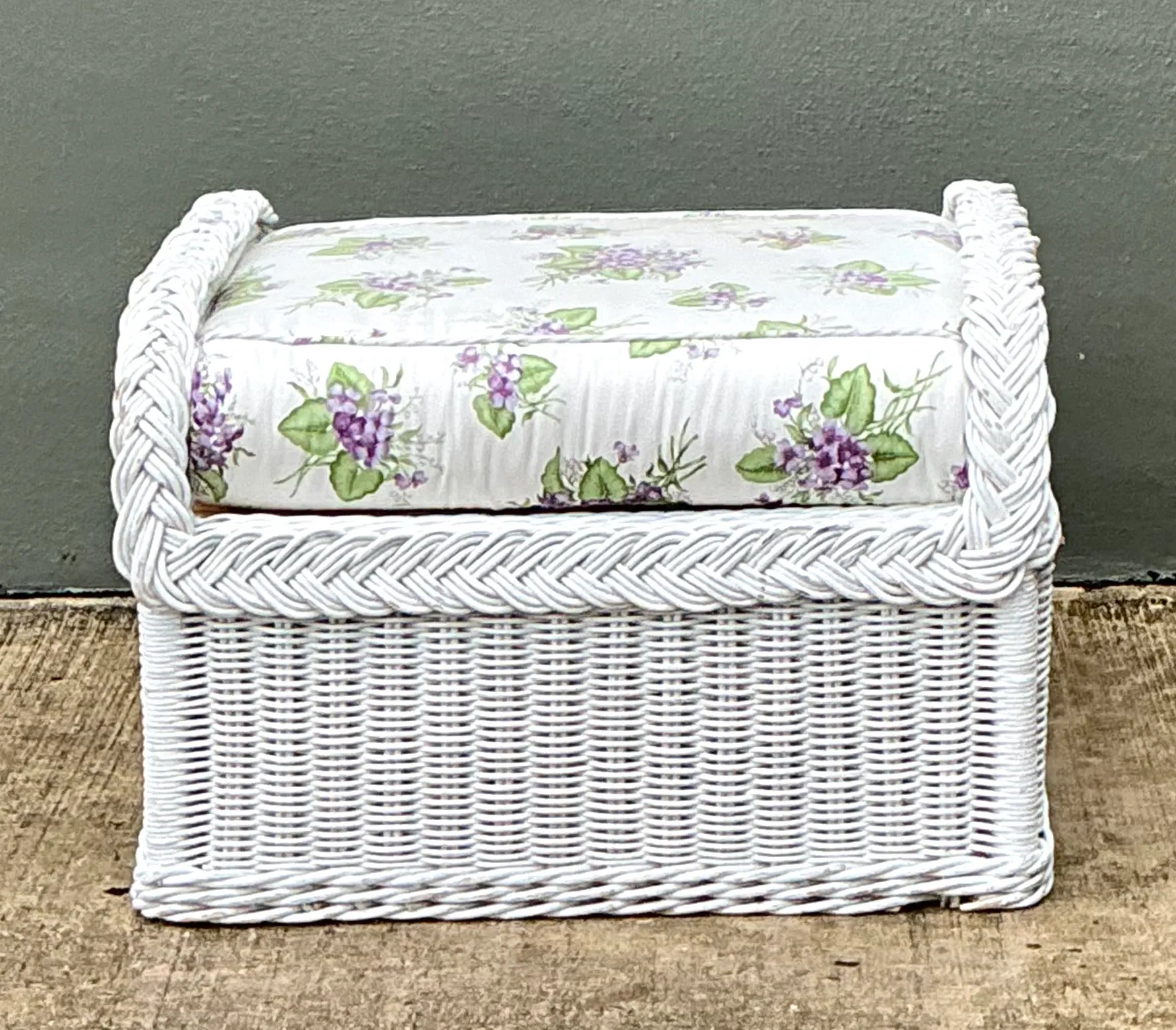 Vintage Braided White Rattan Ottoman — additional photo 7