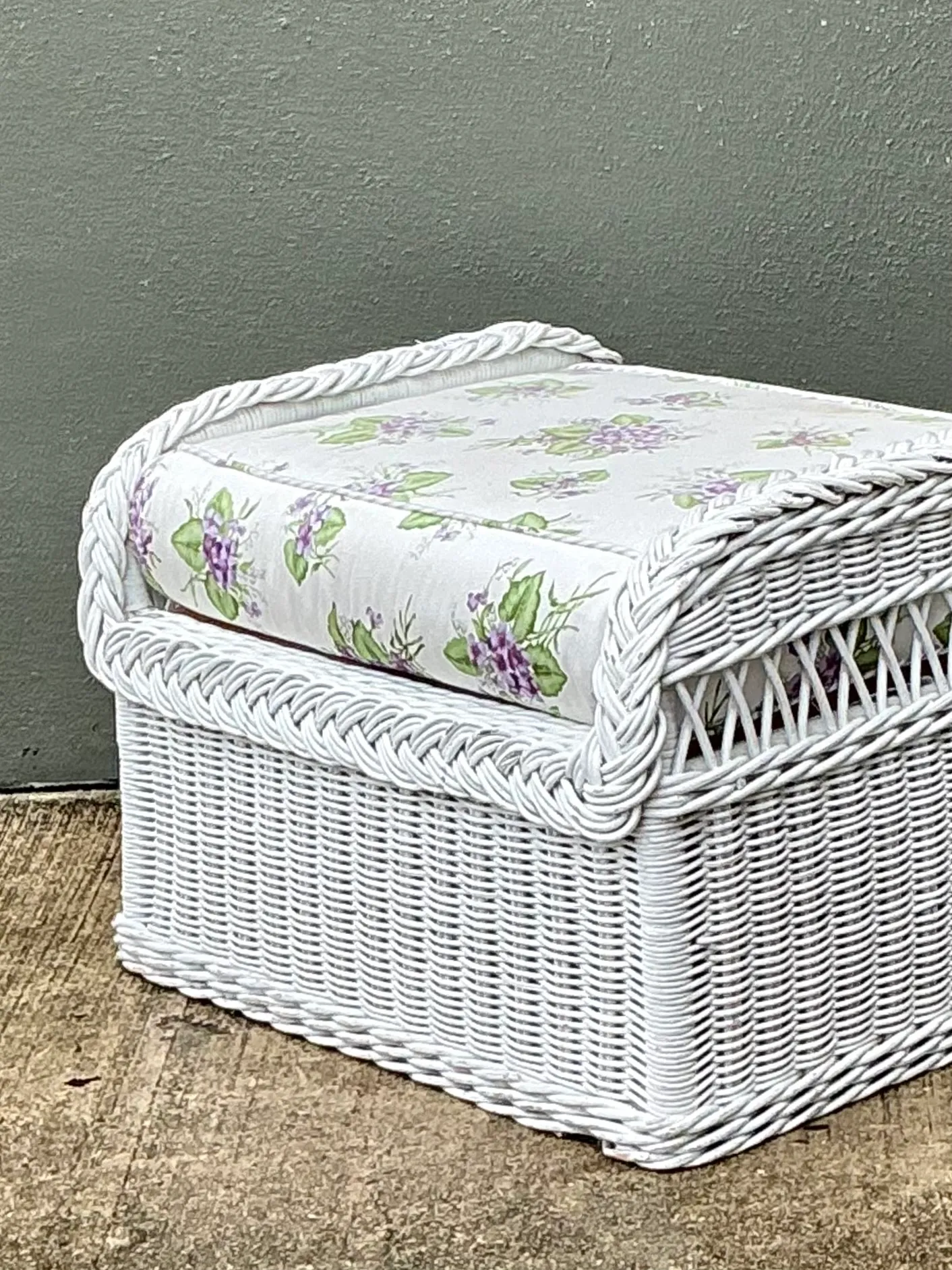 Vintage Braided White Rattan Ottoman — additional photo 2
