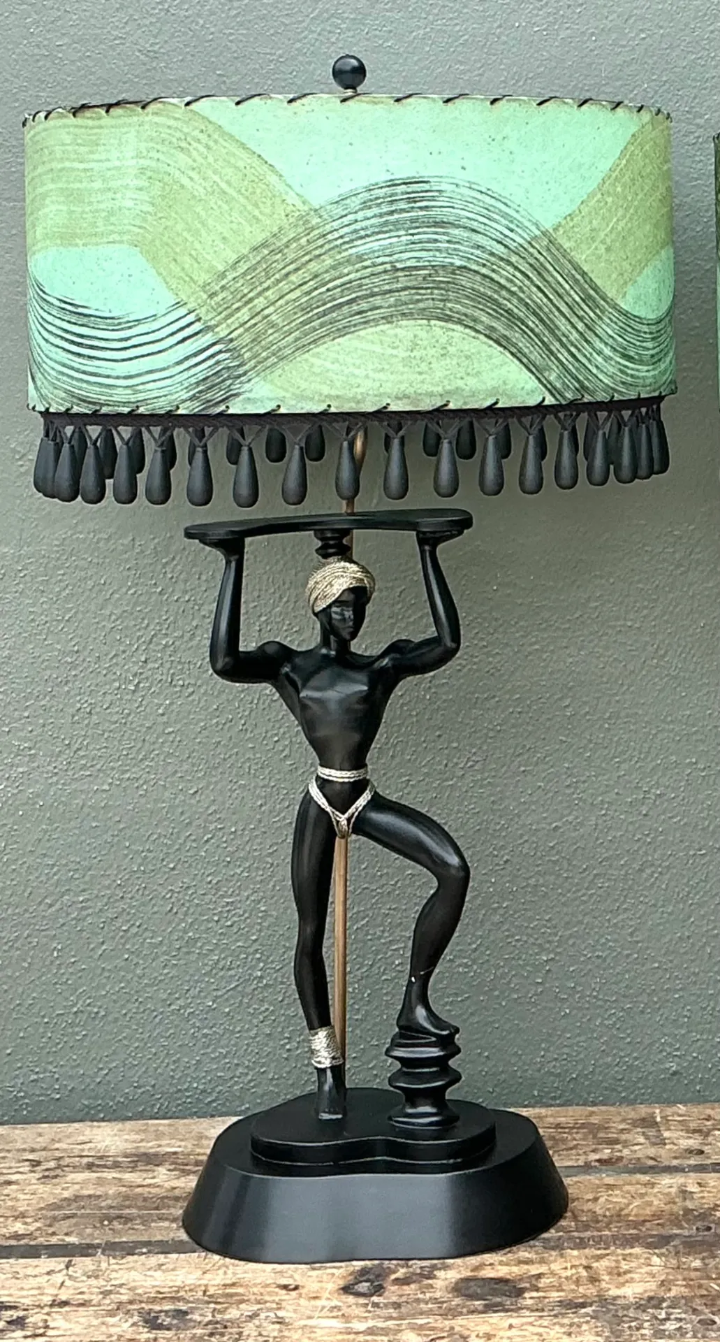 Vintage MCM Figurative Table Lamps with Green Shades - A Pair — additional photo 2