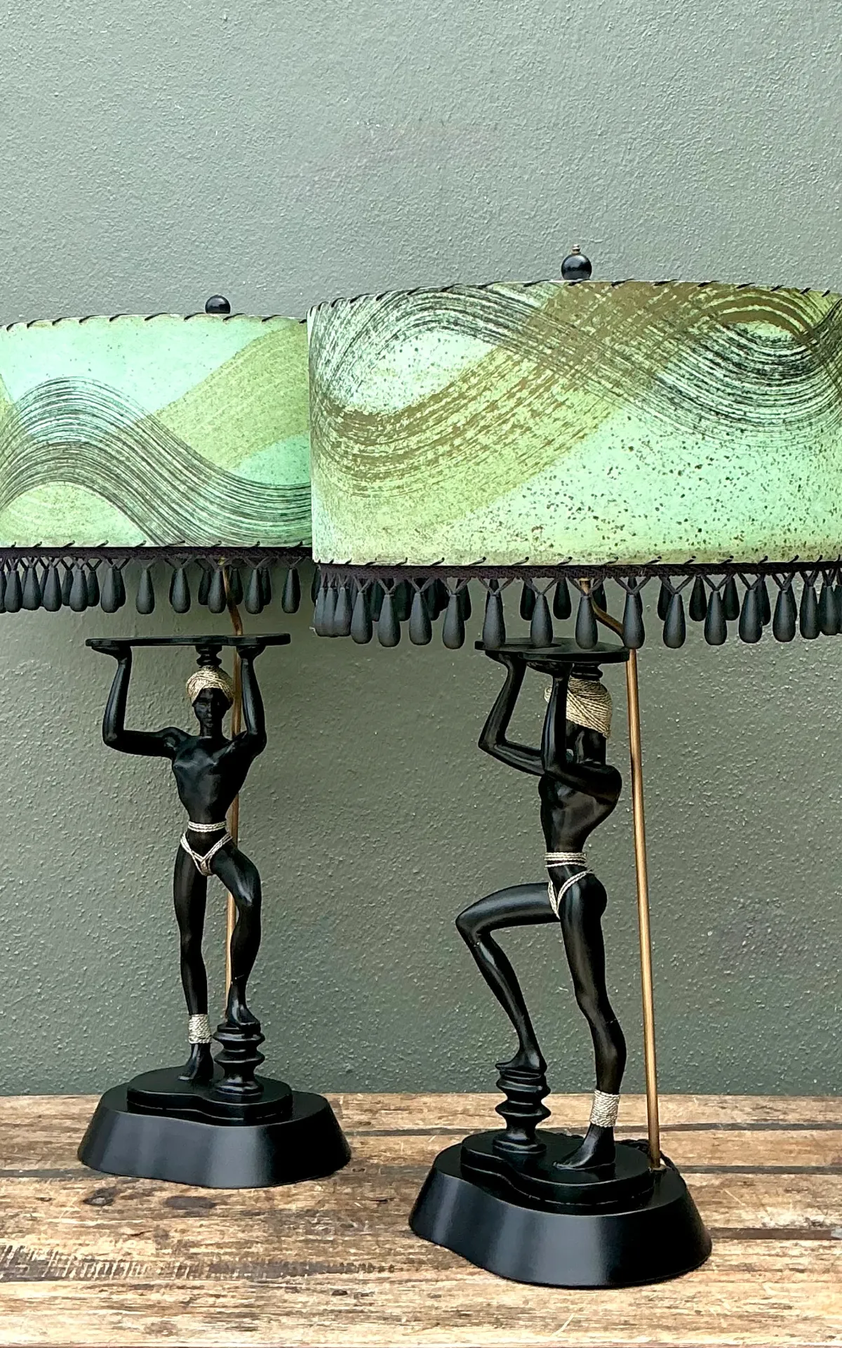 Vintage MCM Figurative Table Lamps with Green Shades - A Pair