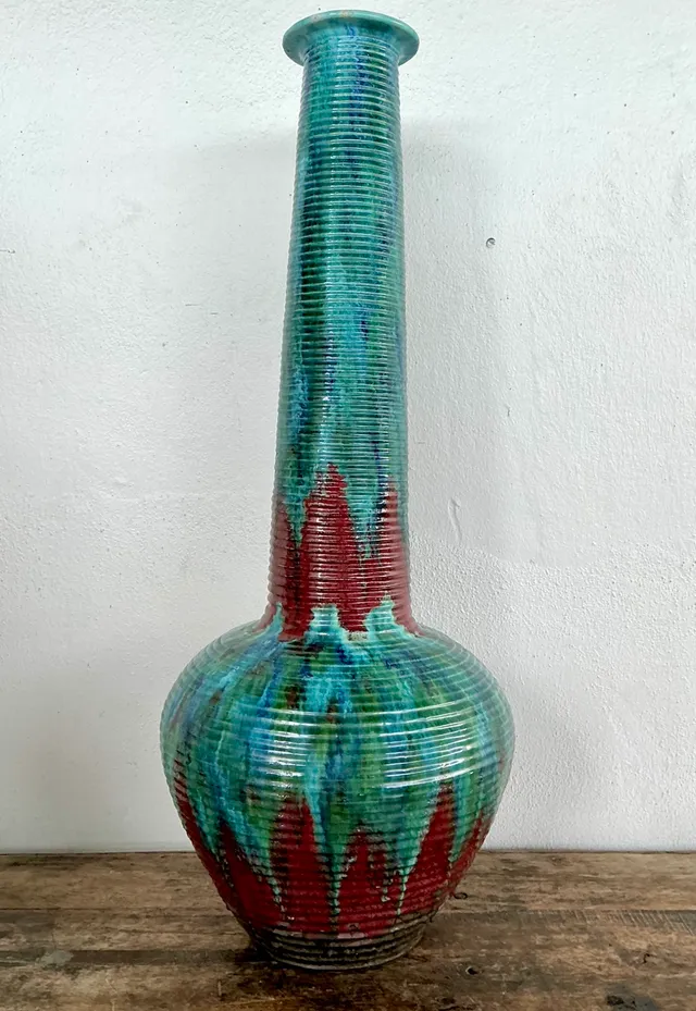 Vintage Tall Ceramic Glazed Ribbed Vase — additional photo 1