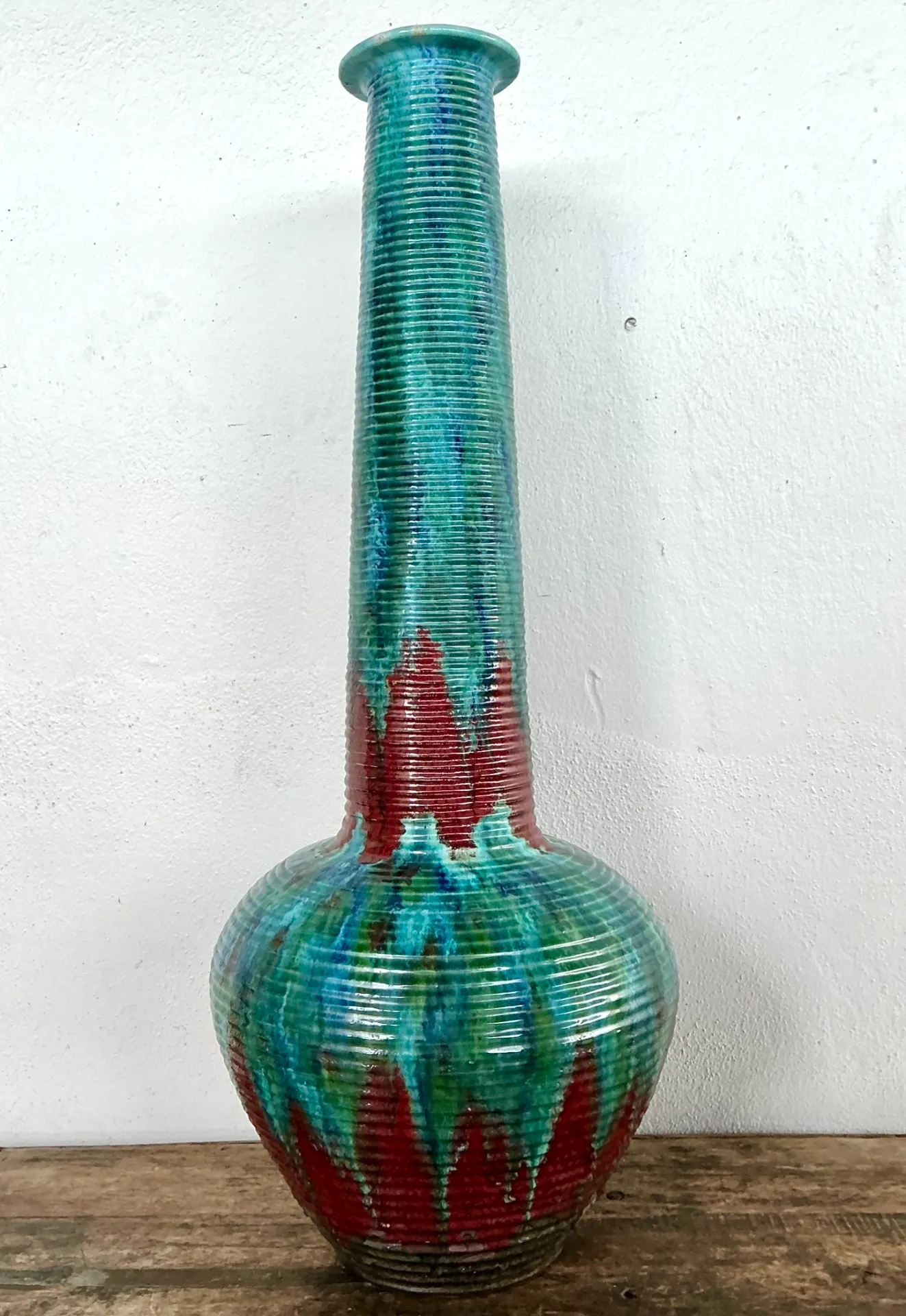 Vintage Tall Ceramic Glazed Ribbed Vase — additional photo 2