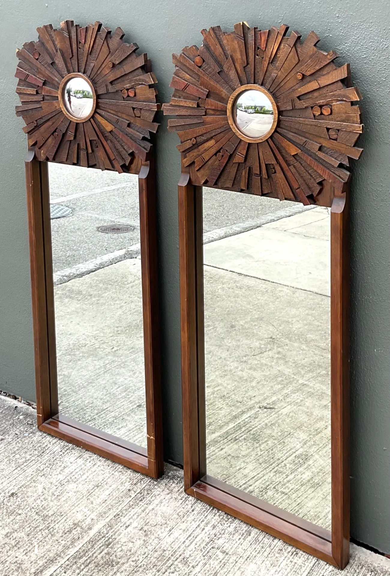 Vintage Brutalist Wood Sunburst Mirrors - A Pair — additional photo 1