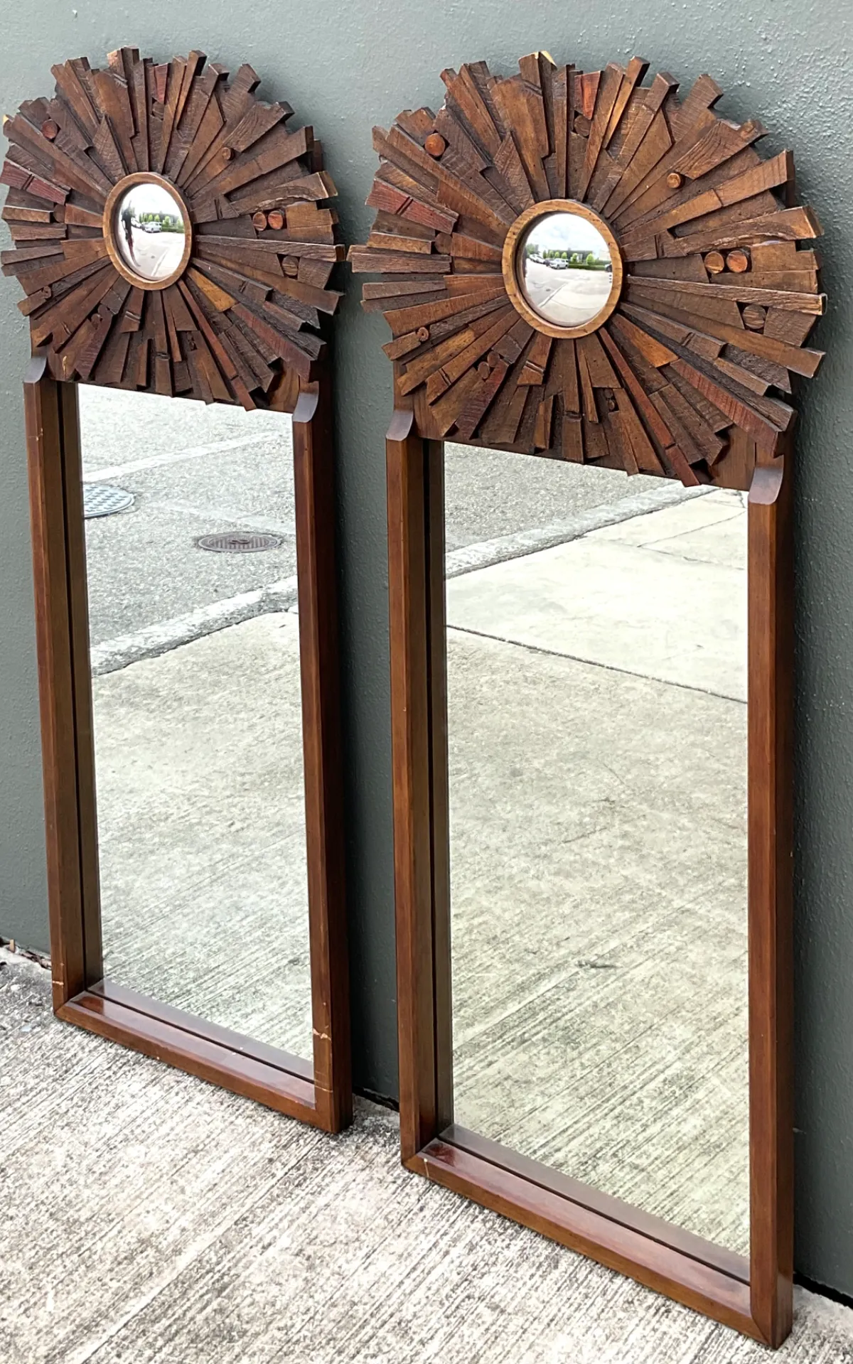 Vintage Brutalist Wood Sunburst Mirrors - A Pair