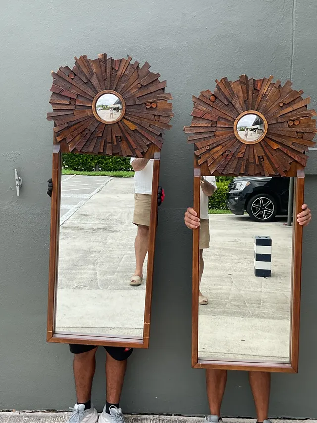 Vintage Brutalist Wood Sunburst Mirrors - A Pair — additional photo 5