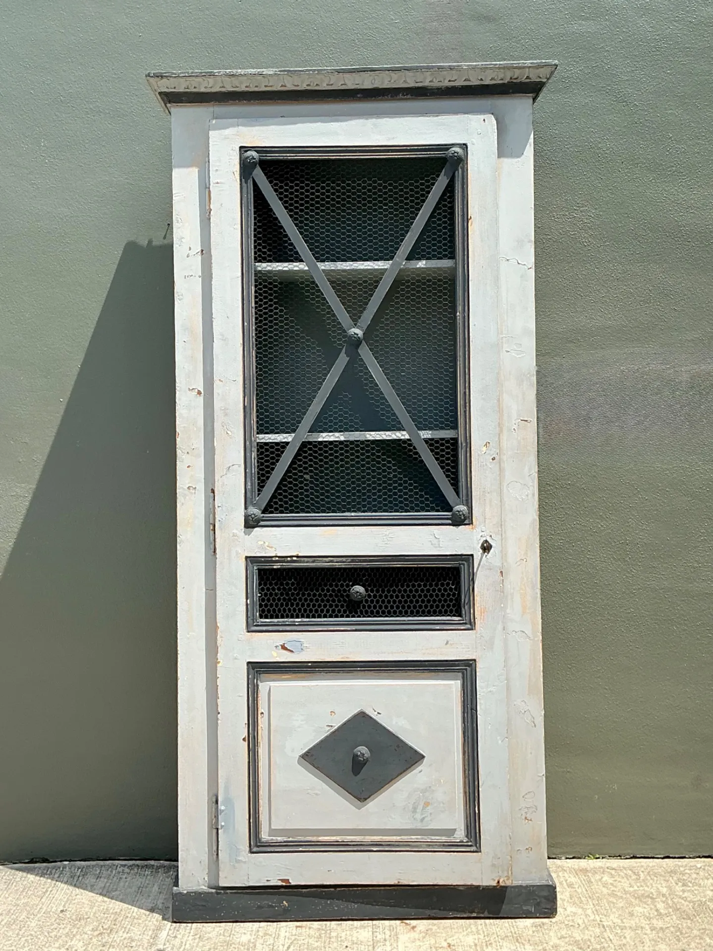 Vintage French Distressed Metal and Wood Cabinet — additional photo 8