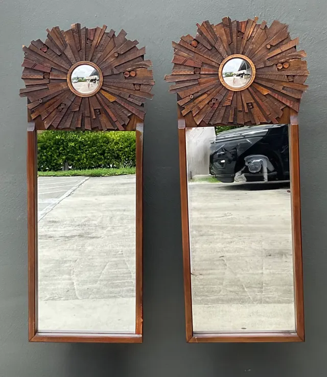 Vintage Brutalist Wood Sunburst Mirrors - A Pair — additional photo 6