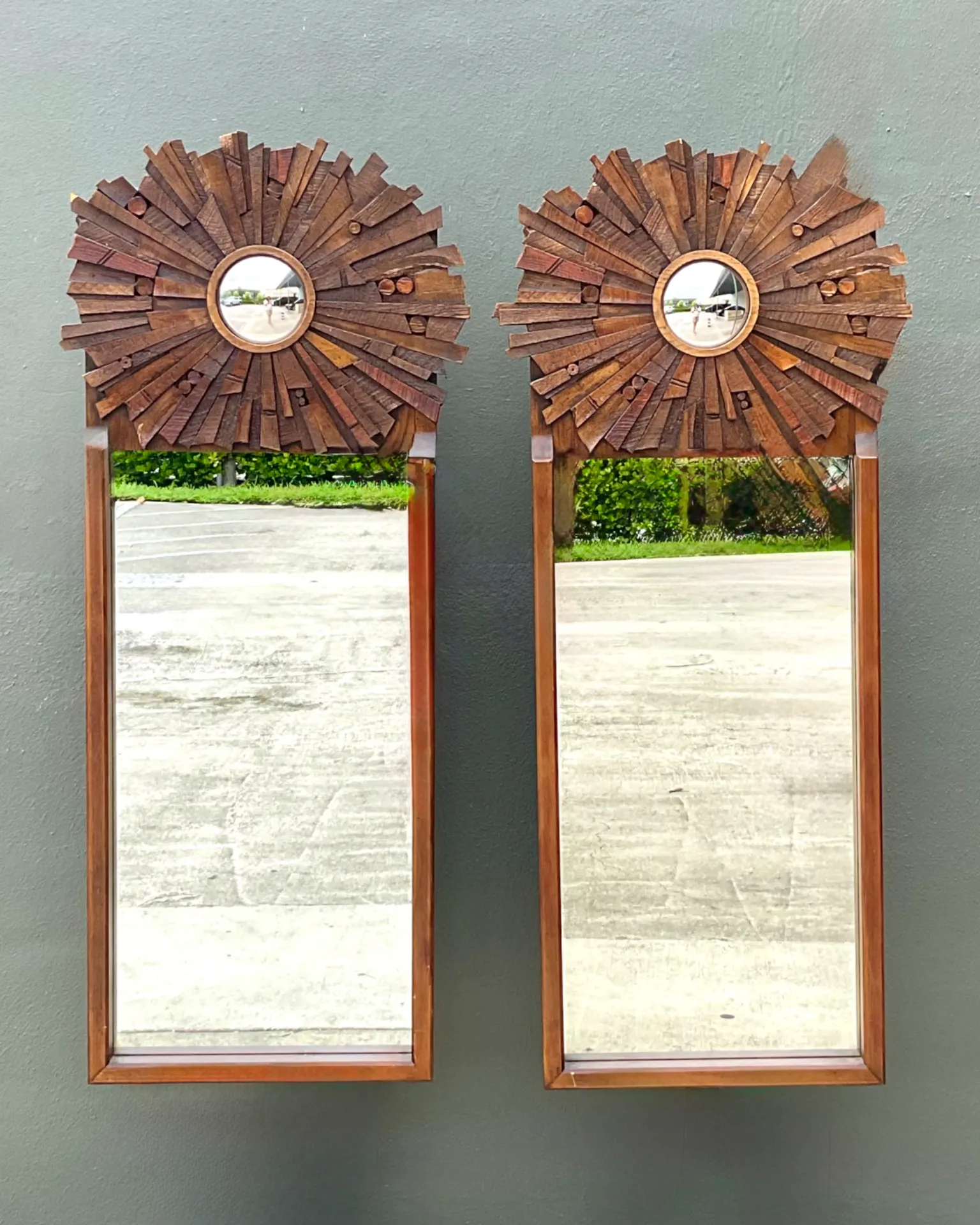 Vintage Brutalist Wood Sunburst Mirrors - A Pair — additional photo 8