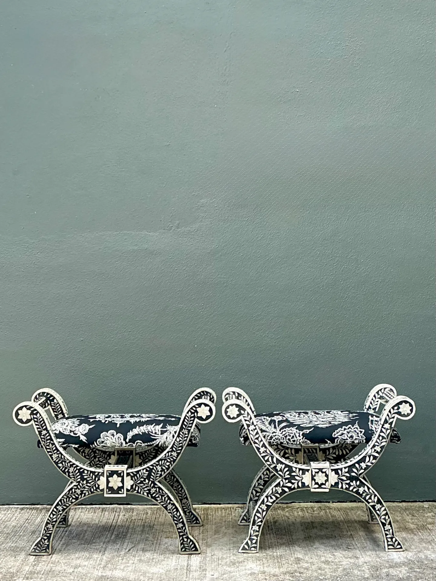 Vintage Bone Inlay Curule Stools In Quadrille “Royal Journey” - Pair — additional photo 2
